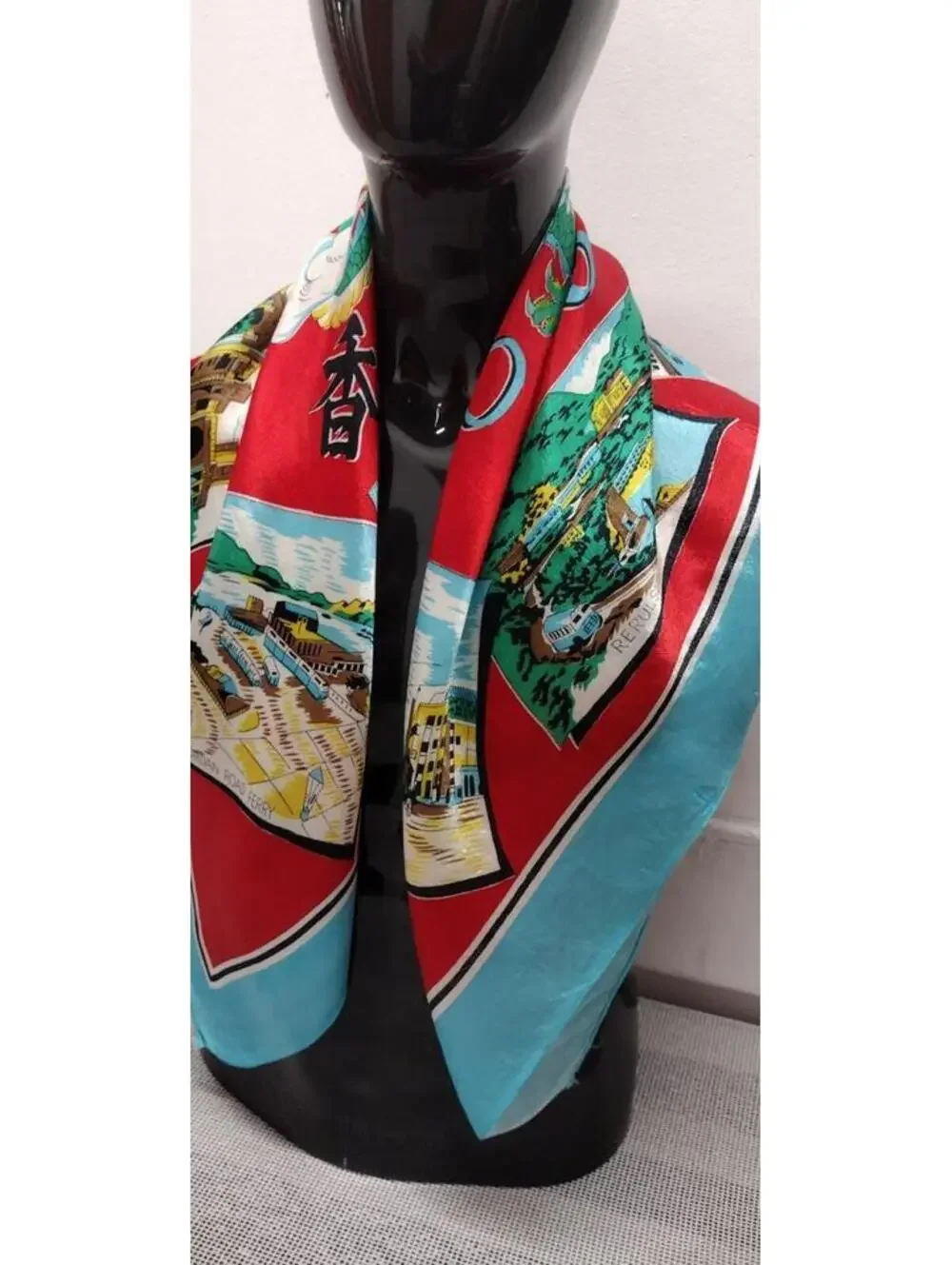 Vintage 1940s 50s Green Dragon Scarf HONG KONG Bably Blue Chinese Red Landscapes